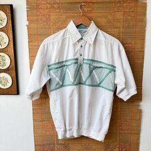 Vintage White Half Sleeve Polo with Green Geometric Chest Panel